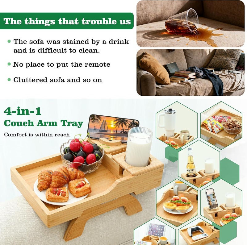 GHKINMAL Bamboo Couch Cup Holder, 4 in 1 Couch Arm Trays with 360°Rotated Phone Holder, Non-Slip Clip on Side Table for Drinks/Remote/Snacks, Ideal Gift for Husband, Wife, Parents - Image 2